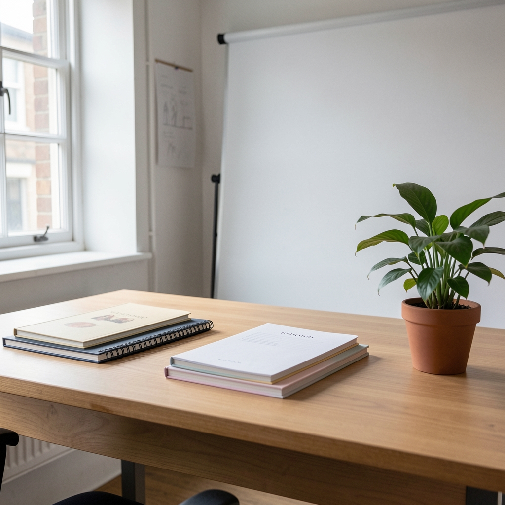 Editorial workspace in a clean London studio — desk with notebooks, a plant, and natural window light from the left