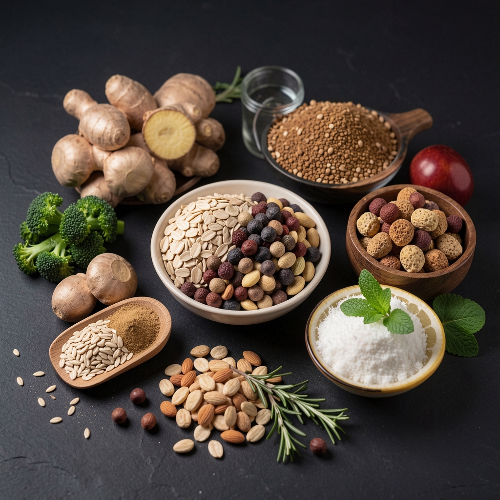 Close-up of whole grains and pulses in ceramic bowls on a dark wooden surface, soft warm overhead lighting