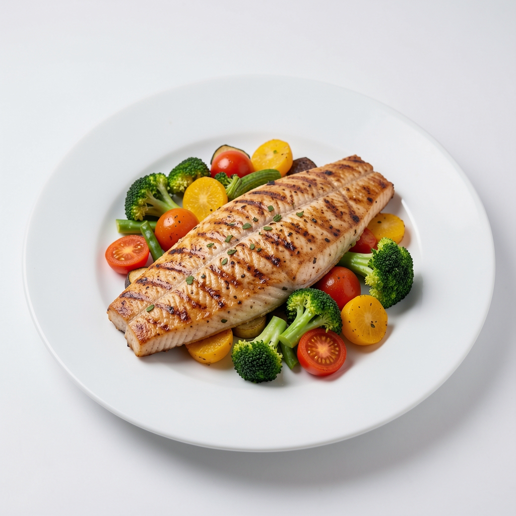 Single portion of grilled fish with seasonal vegetables on a plain white plate under diffused studio lighting