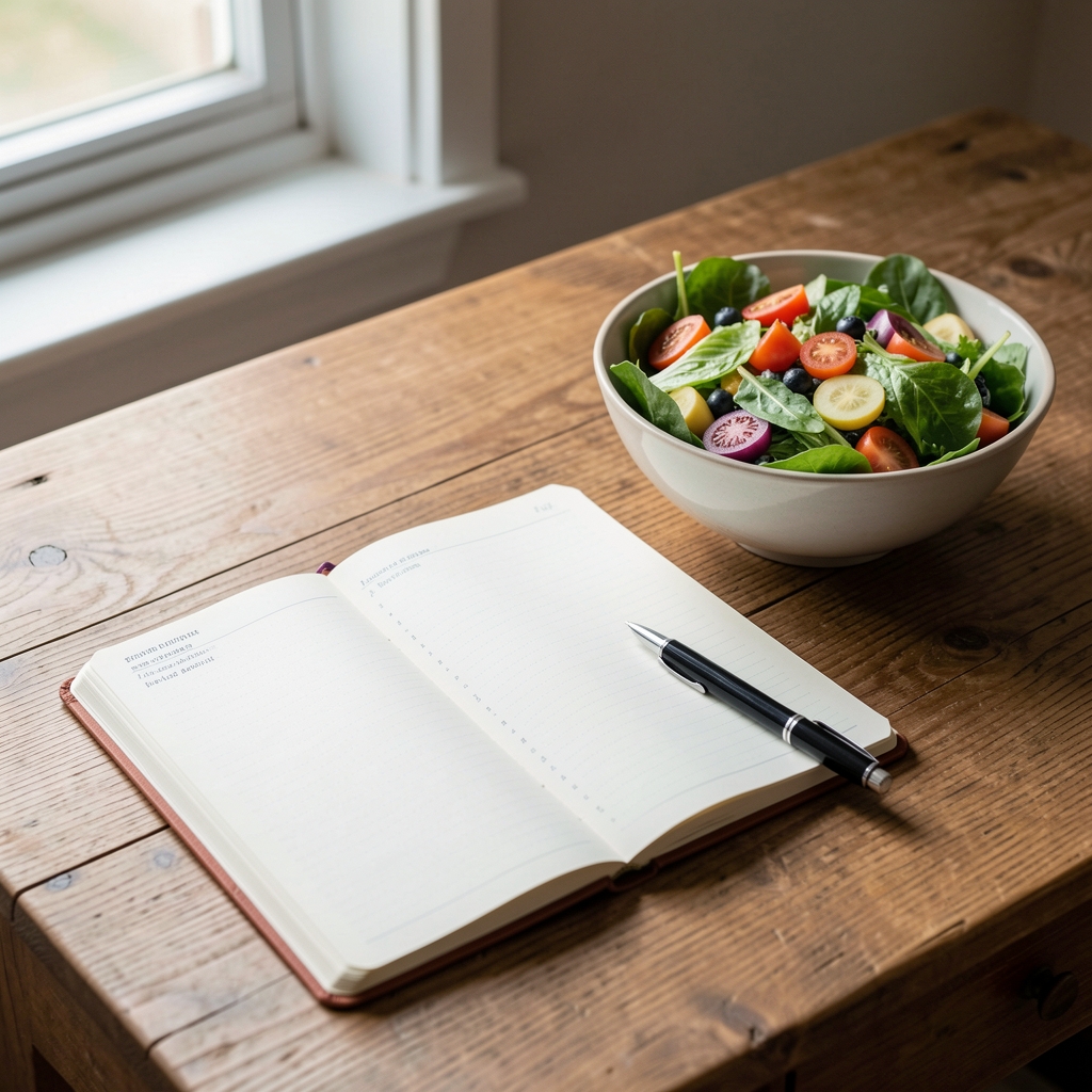 Open food journal and pen on a wooden desk next to a bowl of mixed salad, daylight from a window to the left