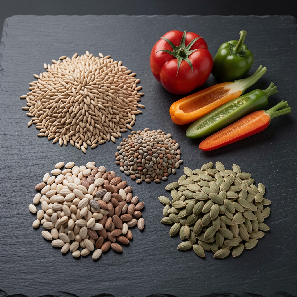 Whole food ingredients arranged methodically on a dark stone surface — grains, legumes, seeds and vegetables under controlled studio lighting