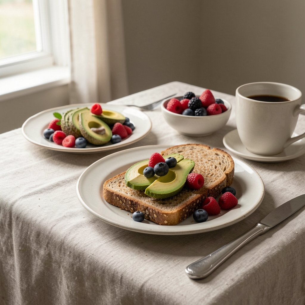 A breakfast spread on a linen tablecloth showing whole grain toast, avocado and fresh berries, natural morning light coming from the left